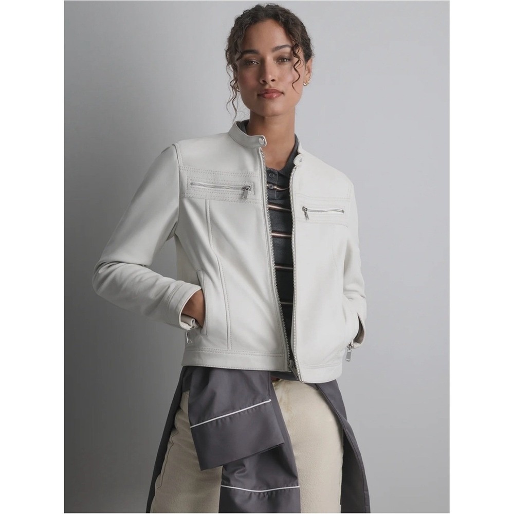 Wilsons Leather Women's White Zip-Front Leather Moto Racer Jacket Medium